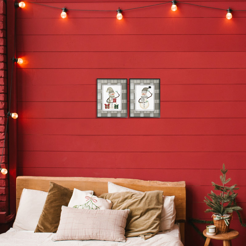 Cozy Snowmen on Plaid, ensemble de 2 giclées encadrées, design par Cindy Jacobs, H 14 po x l 22 po