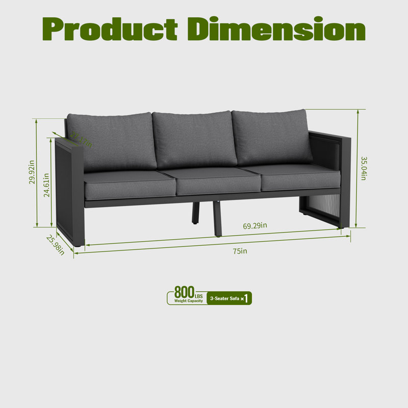 Aluminum 3-Seater Sofa With Cushions, Featuring Decorative Pull Cord Detailing, Gray Cushion/Black Frame