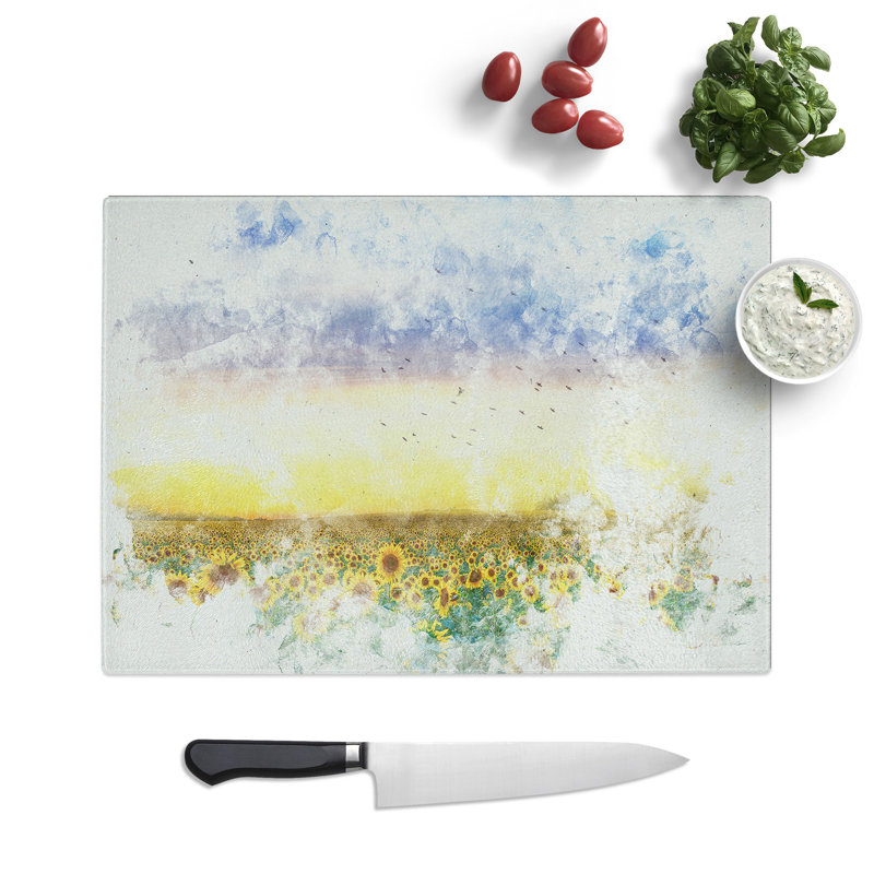 Tempered Glass Flock of Birds Above Sunflowers Chopping Board, 20 cm x 28.5 cm