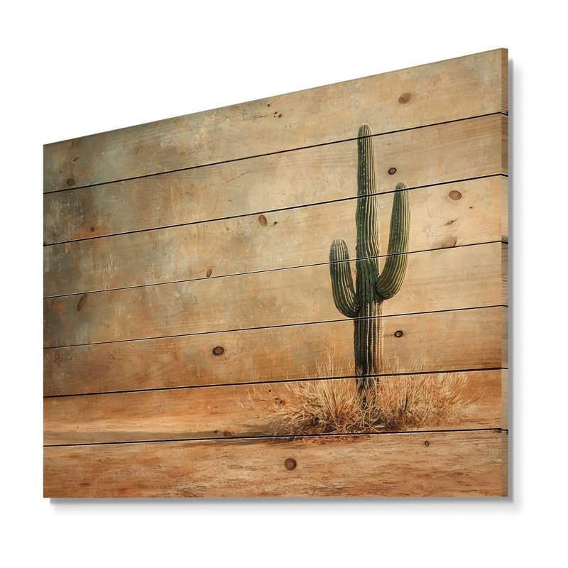 Minimalisme Cactus dans le vent du désert II - Décoration murale en bois de cactus floral - sur bois de pin naturel