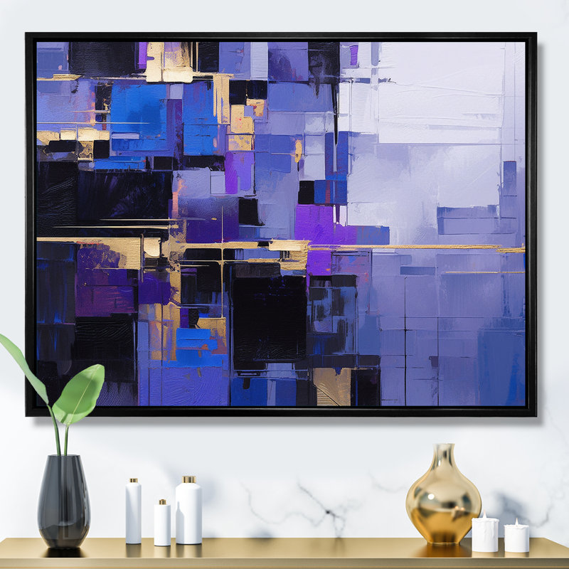 Contemporain noir bleu mauve abstrait - peinture abstraite, art mural, H 30 po x l 40 po x P 1,5 po, Cadre flottant noir
