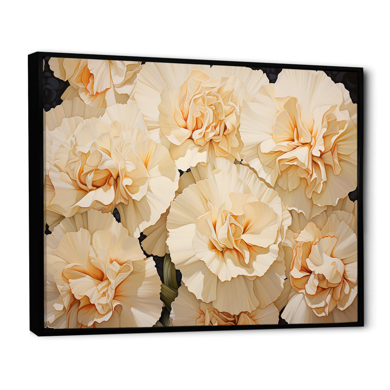 Arrangement d'œillets beiges sur toile, H 24 po x l 32 po x P 1 po, Cadre flottant noir
