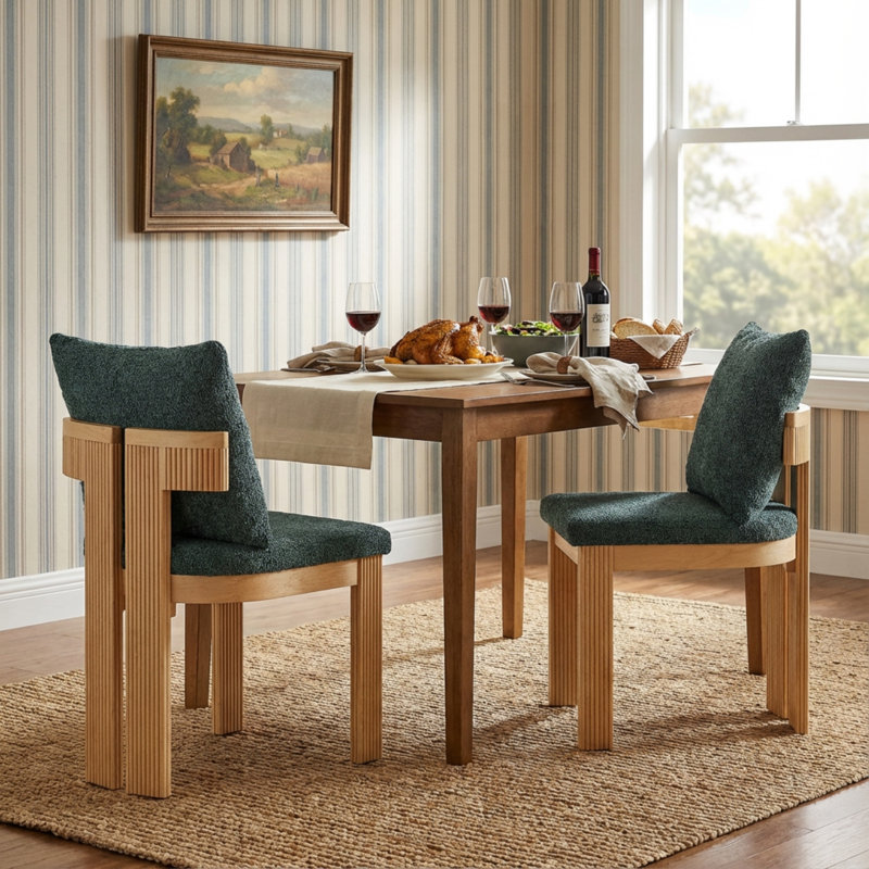  Ensemble de 2 chaises de salle à manger rembourrées 20 ", style japonais, avec dossier en bois cannelé et pieds côtelés, 20", vert