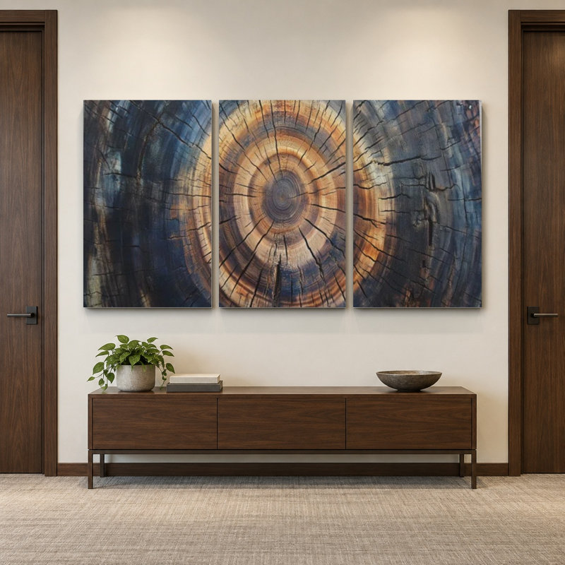 Triptych Canvas Wall Art – Tree Ring Wood Print, 3-Panel Painting Reproduction, 30" H x 60" W