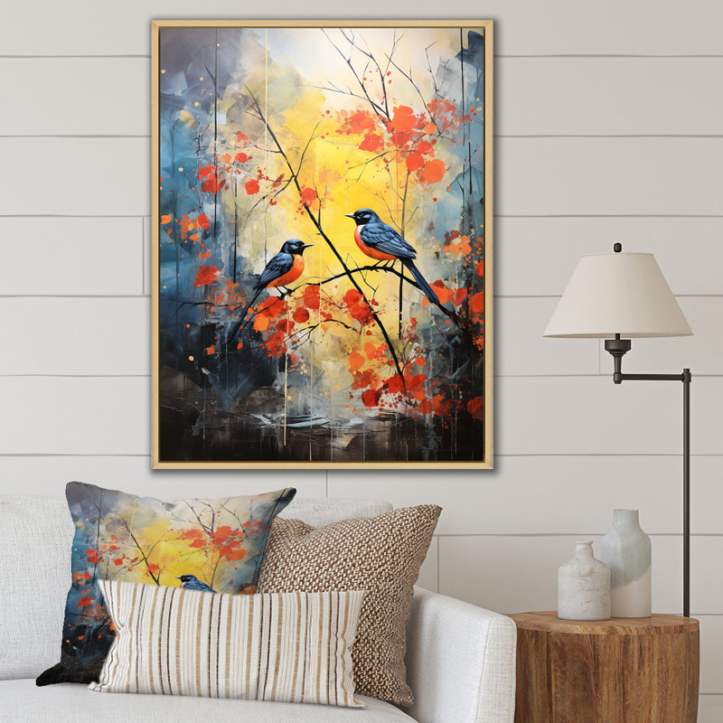 Forêt bleue et jaune avec oiseau bleu - art mural oiseau, Cadre flottant brun, H 32 po x l 24 po x P 1 po