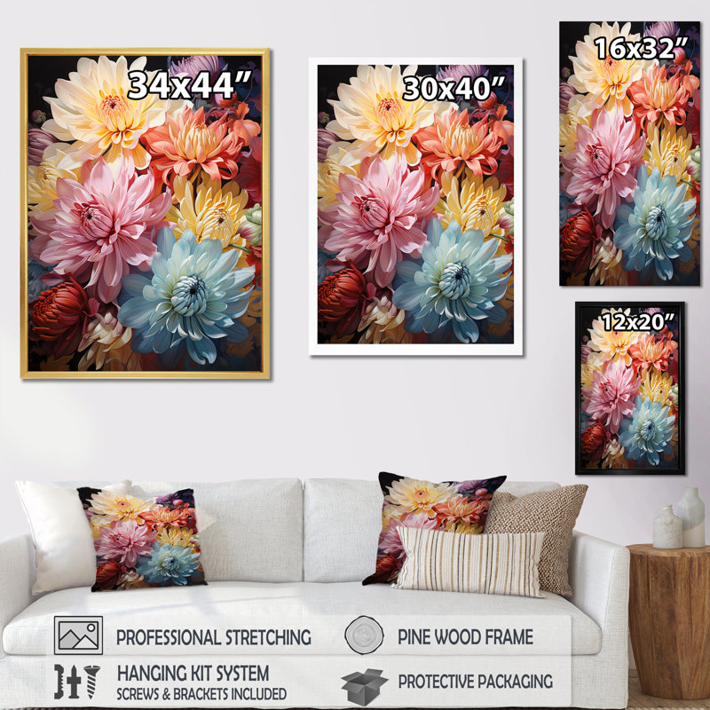 «Mums With Its Caractéristic Curved Stems I», reproduction sur toile, Cadre flottant blanc, H 40 po x l 30 po x P 1,5 po