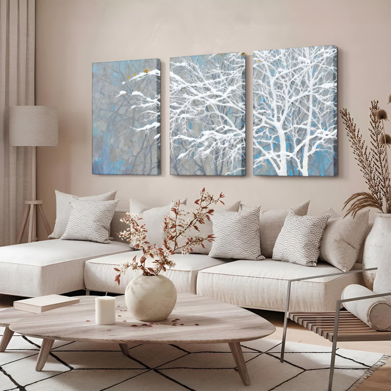 Tableau sur toile tendue représentant des branches d'arbres d'hiver et un paysage enneigé (ensemble de 3), H 18 po x l 36 po