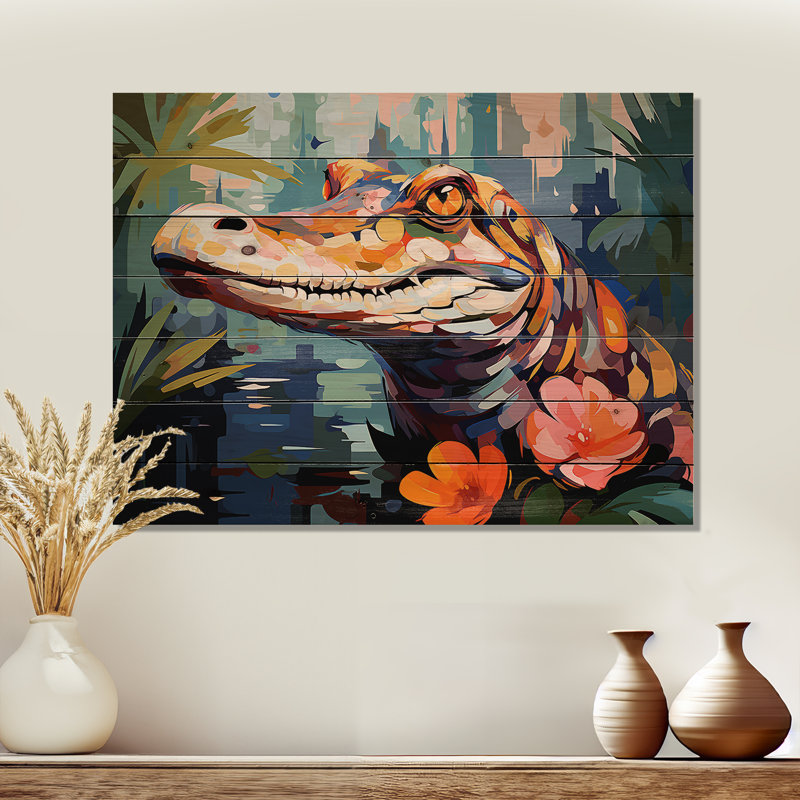 Popart alligator Blooms III - Crocodile sur bois, H 34 po x l 44 po