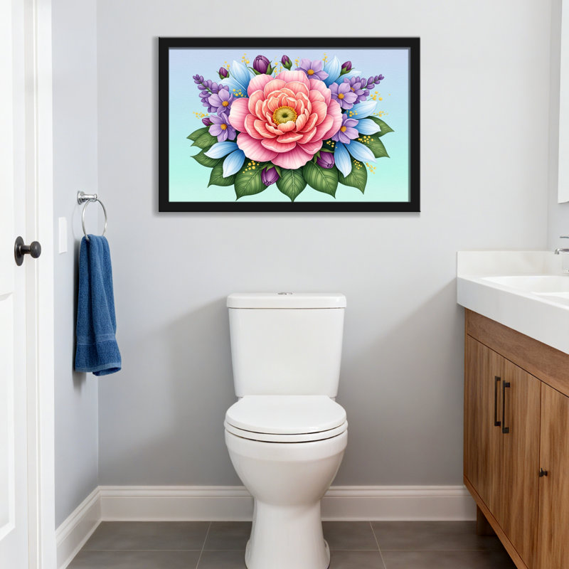 Bouquet de plantes et de fleurs avec rose rose et fleurs mauves, H 20 po x l 30 po, Toile tendue, Ne s’applique pas