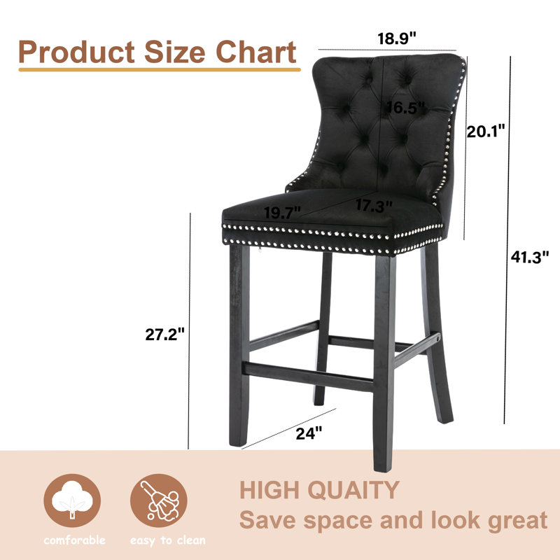 Velvet Upholstered Bar Stool with Button Tufted Back (Set of 4), Black/Black