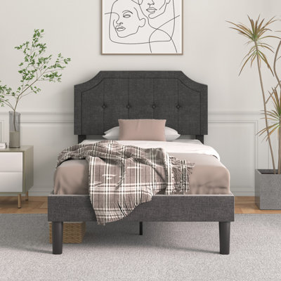 Sietje Bed with Button Tufted Upholstered Headboard, Strong Wooden Slats Twin Size Platform Bed Frame, No Box Spring Needed, Easy Assembly, Dark Gray