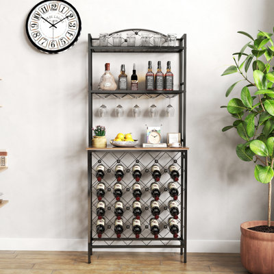 Industrial Wine Rack Bar Table, 3-Tier Liquor Bottle And Glass Holder With Storage Shelves, Metal And Wood Wine Organizer