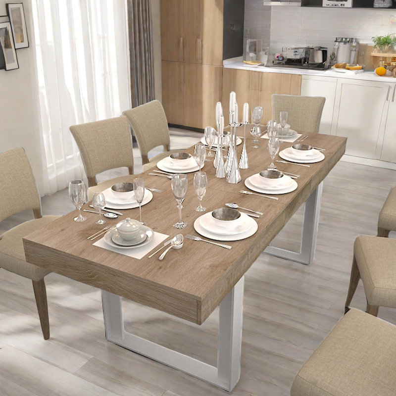 Farmhouse Extendable Dining Table With Smooth Guide Rails And White Legs
