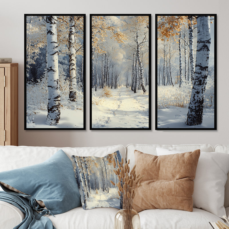 White Morning In Forest Panorama II - Winter Landscape Wall Decor Set, 28" H x 36" W x 1" D, Black Floater Framed Canvas