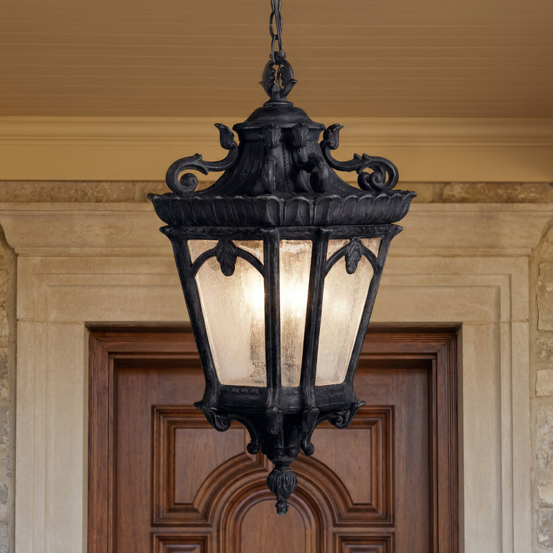 Suspension extérieure Guzzi à 3 lumières, noire texturée, avec verre clair bullé, Noir texturé