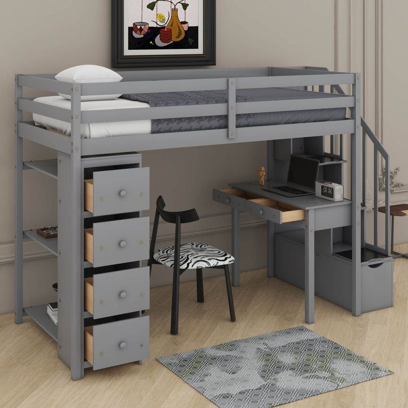 Twin Size Loft Bed With 4 Drawers,Desk,Shelves And Stairs, Gray