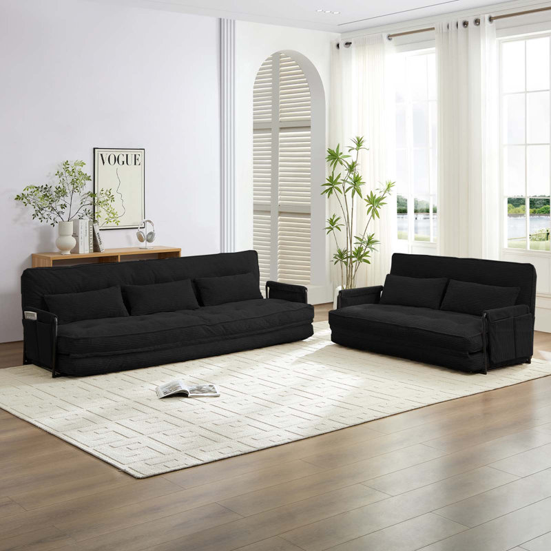 2+3 Piece Convertible Sofa Bed Set - Dual Reclining Loveseat & Sectional With 6-way Adjustable Backrests, Tufted Corded Fabric, Storage Pockets - Space-saving