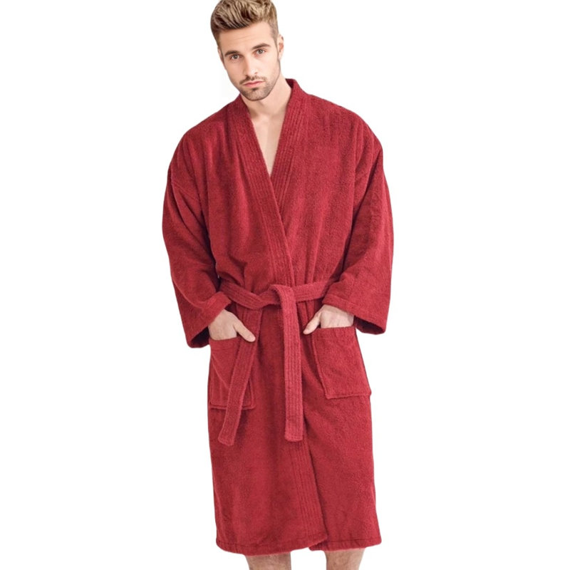Ladijah Cotton Terry Cloth Gender Neutral Mid-Calf Bathrobe with Pockets, Red