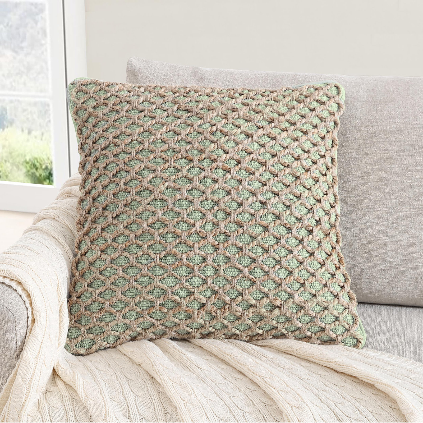 Ablo Textured Cotton Throw Pillow, Sage Green/Natural, Square 20"