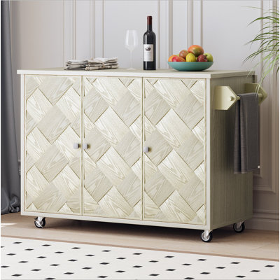 Îlot de cuisine en bois de frêne plaqué de frêne de 51,2 po de largeur (papier pas cher) avec abattant, îlot de cuisine sur roulettes avec support de rangement interne et chariot de cuisine
