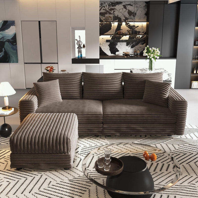 Plush Corduroy 3-Seat Sofa with Soft Pillows and 1 Ottoman, Camel Corduroy
