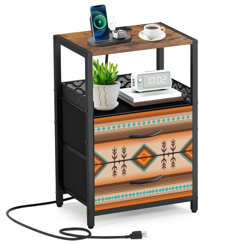 Table de chevet 2 tiroirs en tissu avec station de charge