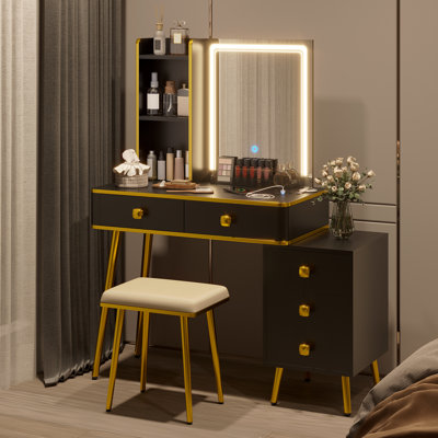 Tri-Color Light USB Rechargeable Atyana Dresser, Oversized Mirror 5-Drawer Sub-Cabinet, Solid Metal Legs