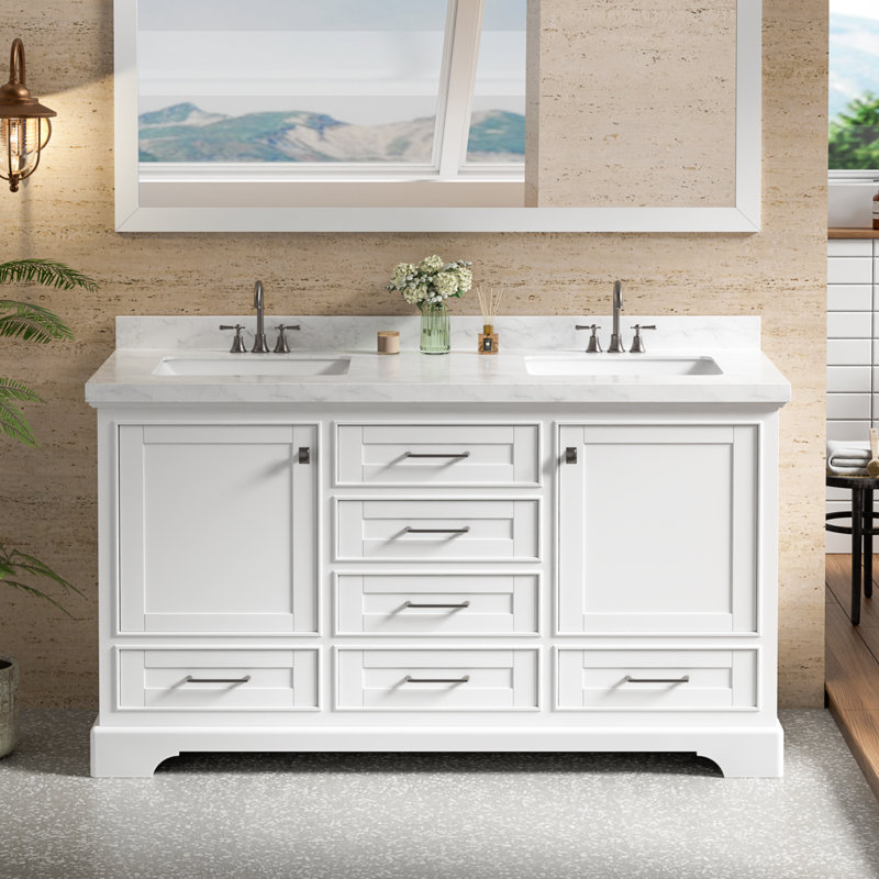 Meuble-lavabo double 60 po avec plateau en pierre reconstituée Linsay, Blanc