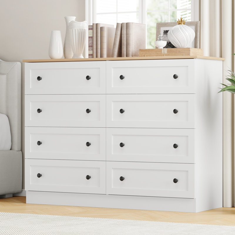 Commode 8 tiroirs pour chambre à coucher, commode de ferme pour placard 8 tiroirs, commode large moderne, armoire de rangement, chambre à coucher, salon, entrée, blanc