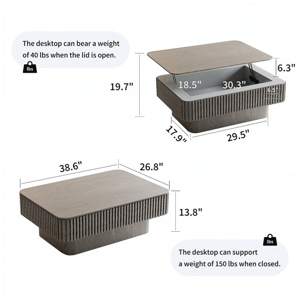 Latitude Run® 38.6'' Fluted Lift-top Coffee Table with Storage and ...