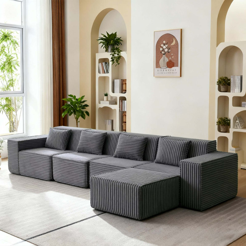 Canapé modulaire modulaire en L avec repose-pieds et mousse haute densité, Gris foncé