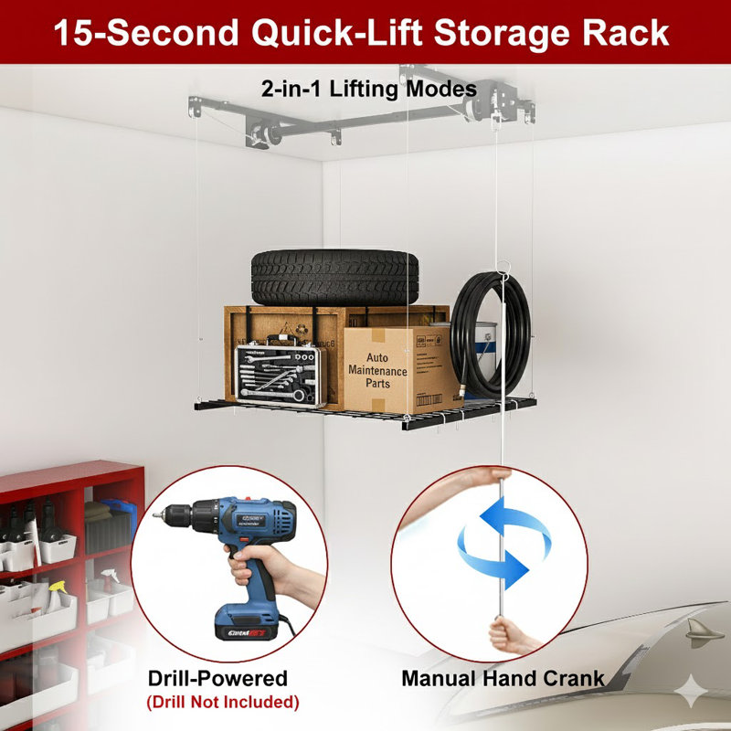 Support de rangement de garage robuste de 4 pi x 4 pi - Organisateur entièrement en acier d'une capacité de 250 lb avec verrou de sécurité (pour plafonds hauts de 10 à 12 pi)