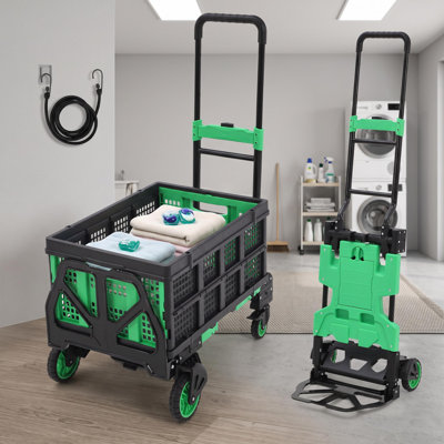 330 Lb 2-In-1 Folding Hand Truck With Basket In Green, Iron And PP Construction With 25.98" x 18.11" x 38.18" Dimensions, 4 Wheels And Bungee Cord For Moving And Office Transport