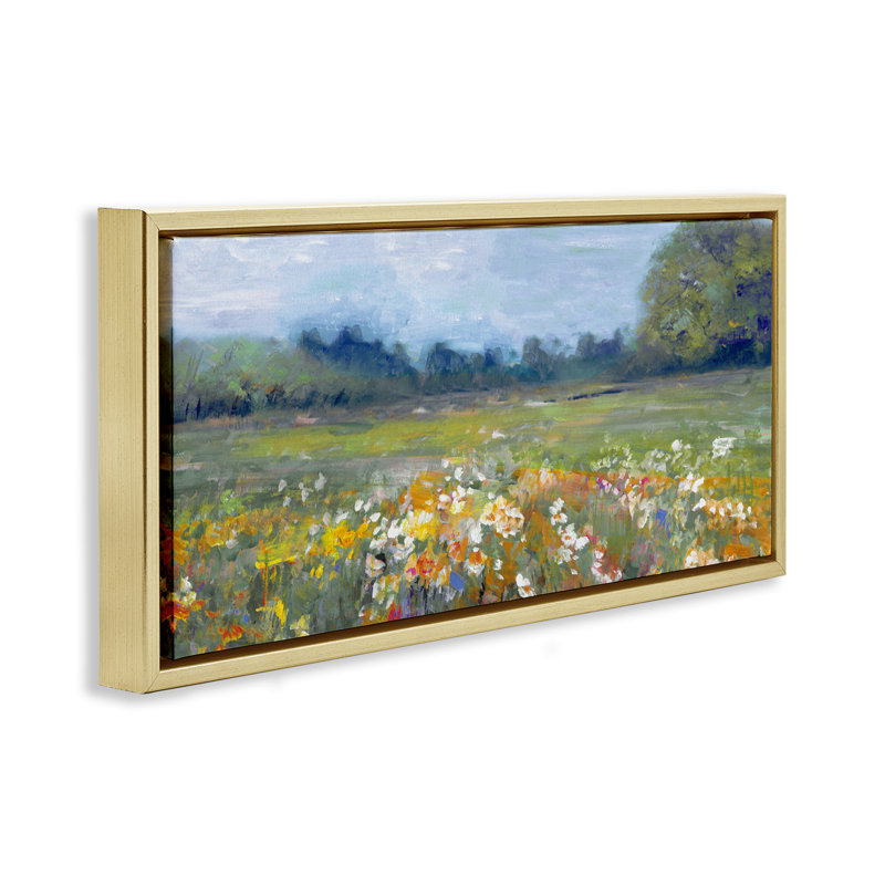 Fleurs de prairie brillantes dans la campagne, H 11 po x l 25 po, Cadre flottant gris lustré