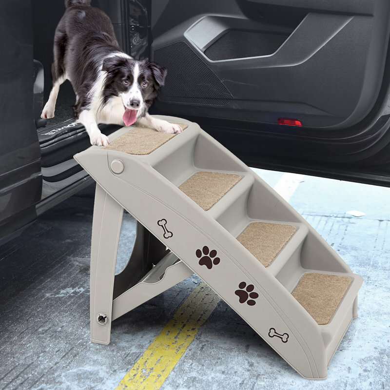 Tucker Murphy Pet ™ 4 marches pour chien pliant avec rail latéral sécuritaire pour l'intérieur et l'extérieur beige, gris