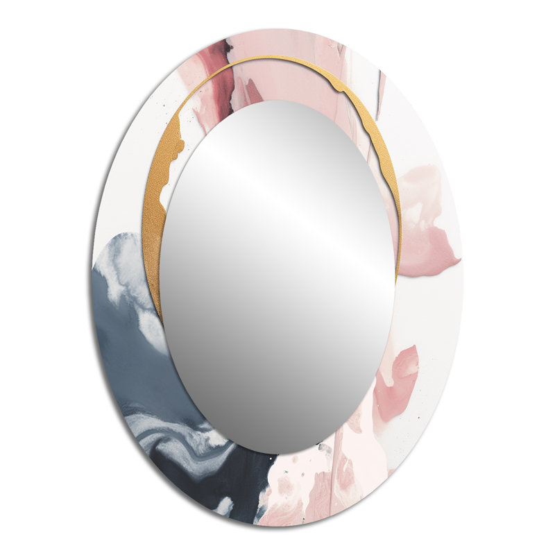 Rose et bleu «Transcendent Beauty In Marble Art II» - Grand miroir mural ovale sur métal, 40 po x 30 po