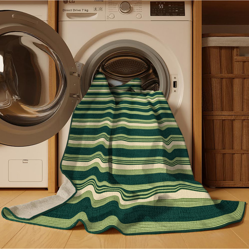 Machine Washable Horizontal Stripes Green Area Rug