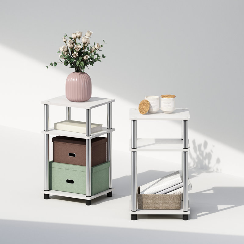 34.04cm W Bedside Table, Stainless Steel, White Oak