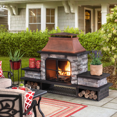 Sunjoy Atticus Outdoor Patio Wood Burning Fireplace with Steel Chimney, Mesh Spark Screen Doors, Fire Poker, and Removable Grate, Copper 