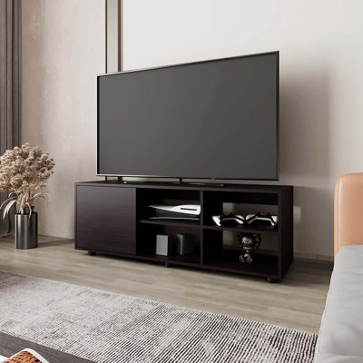 Meuble télé Wengue avec porte et rangement ouvert