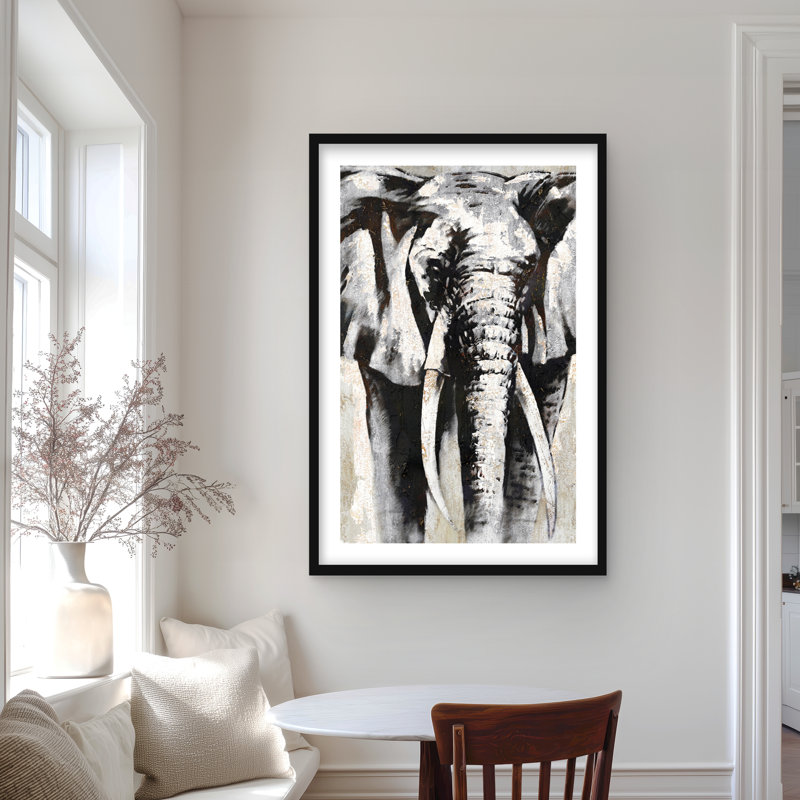Grayscale Elephant - Framed Matted Print for Home Decor