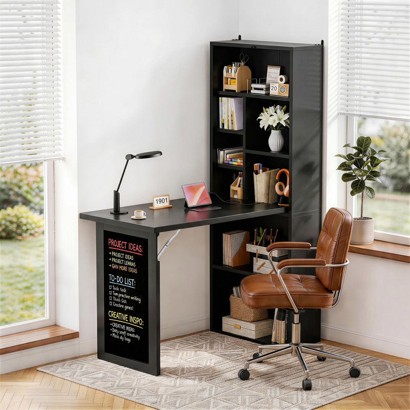 Bureau pliant avec prises, bureau d'écriture convertible pour petits espaces, Noir
