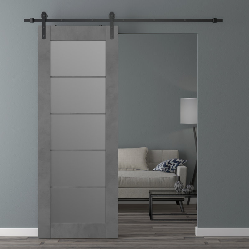 Avon 5 Lite Solid Manufactured Wood and Glass Paneled Prefinished Barn Door with Installation Hardware Kit, 31.75" x 95.24"