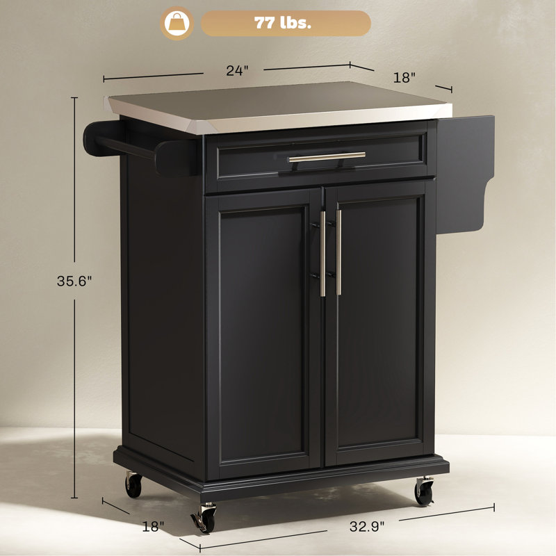 Chariot de cuisine avec roulettes et comptoir en acier inoxydable, tiroir pour petits appareils, porte-épices, porte-épices, mobilité pratique, noir, L 33 po x l 18 po l 35,75 po H, surface de chariot à 2 niveaux