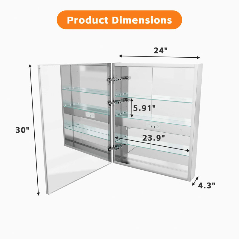 24×30 Inch Dual Use LED Light Bathroom Mirror Cabinet, Aluminum Back Panel Dimmable Anti Fog Cabinet