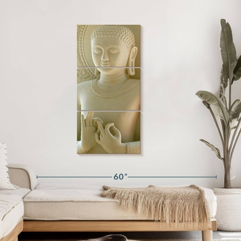 Bouddha calcaire 3 pièces, H 44 po x l 21 po x P 1,25 po