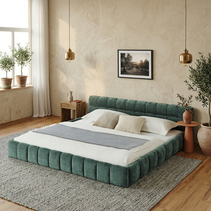 Lit plateforme moderne capitonné en tissu chenille, tête de lit capitonnée, cadre bas et stable, sommier non requis
