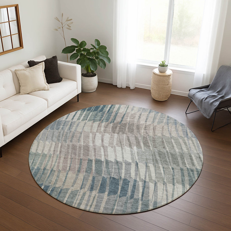 Machine Washable Indoor/Outdoor Huseby ACN2271 Stripes Rug, Round 8'