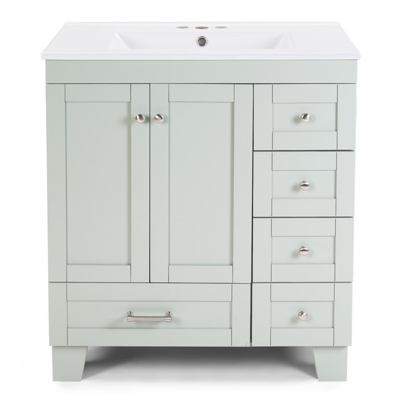 30" Bathroom Vanity with Ceramic Sink, Soft-Close Drawers, Solid Wood Frame, Gray/Silver