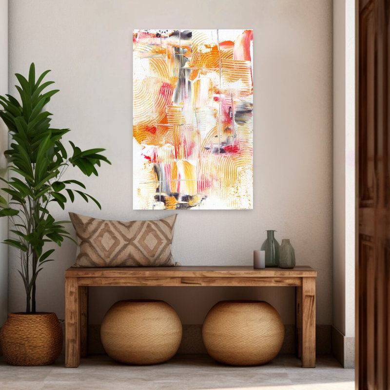 Peinture abstraite vibrante avec coups texturés dans des tons chauds d'oranges rouges et de blancs abstraits